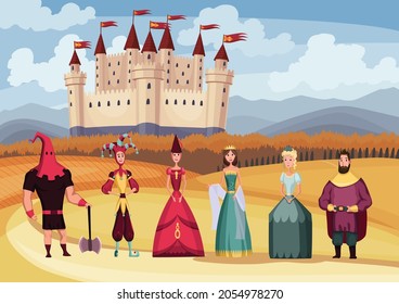Medieval king and queen, jester, executioner on fairytale medieval castle background. Cartoon middle ages historic period. Medieval kingdom characters standing in costumes