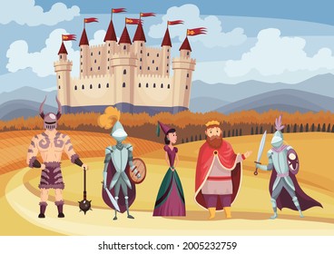 Medieval king and queen, knight in full armor, laydy and warrior on white background. Cartoon middle ages historic period. Medieval kingdom characters standing in costumes