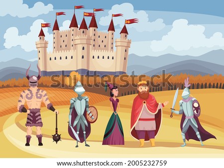 Medieval king and queen, knight in full armor, laydy and warrior on white background. Cartoon middle ages historic period. Medieval kingdom characters standing in costumes