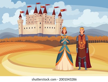 Medieval king and queen on fairytale medieval castle background. Cartoon middle ages historic period. Medieval kingdom characters standing in costumes