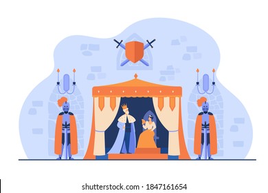 Medieval king and queen on throne under guard of knights in armors in castle interior. Vector illustration for kingdom, medieval age, fairytale concept