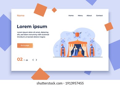 Medieval king and queen on throne under guard of knights in armors in castle interior. Vector illustration for kingdom, medieval age, fairytale concept