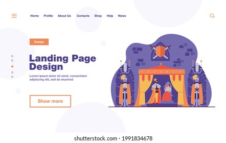 Medieval king and queen on throne under guard of knights in armors in castle interior. Vector illustration for kingdom, medieval age, fairytale concept