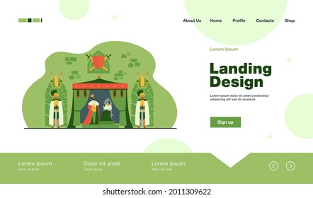 Medieval king and queen on throne under guard of knights in armors in castle interior. Vector illustration for kingdom, medieval age, fairytale concept