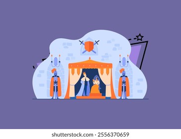 Medieval king and queen on throne under guard of knights in armors in castle interior. Vector illustration for kingdom, medieval age, fairytale concept