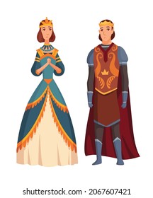 Medieval king and queen on white background. Cartoon middle ages historic period. Medieval kingdom characters standing in costumes