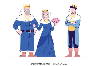 Medieval king, queen and prince flat vector illustration. Kingdom rulers with son isolated cartoon characters with outline elements on white background. Fairytale personages, kingdom rulers