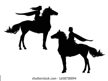 caballo medieval de caballo rey y reina - jinete real de caballos con atavias de vuelo conjunto de silueta negra vectorial