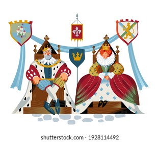 Medieval king and queen sitting on throne. Royal woman and man emperor in Middle Ages vector illustration. Historical people in traditional costumes and crowns on white background.