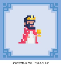 Medieval king in a red cape. Pixel art character. Vector illustration in 8 bit style