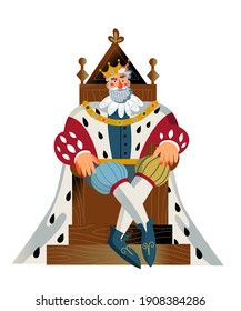 Medieval king sitting on throne. Royal man emperor in Middle Ages vector illustration. Historical person in traditional costume with mantle and crown isolated on white background.