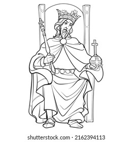 Medieval king sitting on a throne and holding a scepter and orb. Medieval gothic style concept art. Design element. Black line drawing isolated on white background. EPS10 vector illustration