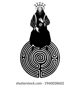 Medieval king sitting on top of maze or labyrinth symbol and holding ball of yarn thread. Black and white silhouette. Creative concept for wisdom and finding the way.