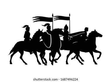 medieval king and warriors riding horses with flying banners -  vector set of black silhouettes (all figures are editable separately)