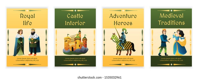 Medieval kingdom 4 flat posters set with royal couple traditions heroes knights  adventures castle isolated vector illustration 