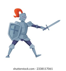 Medieval kingdom armored knight. Chevalier attacking with sword and shield vector illustration