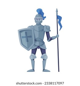 Medieval kingdom armored knight. Warrior holding lance ready to joust vector illustration