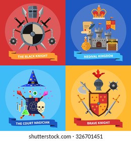 Medieval kingdom armored knights warriors and court magician 4 flat icons square banner abstract isolated vector illustration