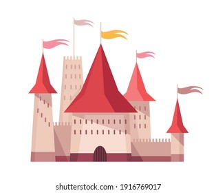Medieval kingdom character. Fairy-tale castle of middle ages historic period. Vector building exterior design
