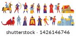 Medieval kingdom characters 2 flat horizontal sets with rider king queen  knight castle fortress dragon vector illustration 