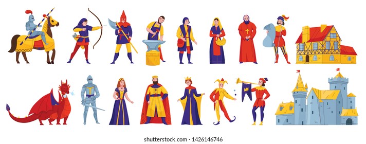 Medieval kingdom characters 2 flat horizontal sets with rider king queen  knight castle fortress dragon vector illustration 