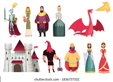 Medieval kingdom characters of middle ages historic period vector Illustrations. Peoples set. Kings queens knight jester castle fortress and dragon