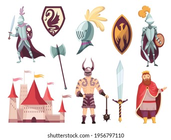 Medieval kingdom characters of middle ages historic period vector Illustrations. Peoples and object set. Knight in full armor, castle, fortress and shields.