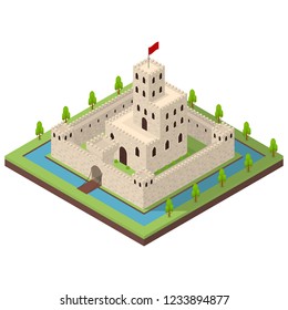 Medieval Kingdom Concept 3d Isometric View Building Architecture Construction for Game. Vector illustration of Castle or Fortress