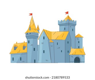 Composición del dragón del reino medieval con imagen plana aislada de cuento de hadas construyendo sobre fondo blanco ilustración vectorial