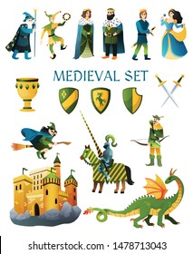 Medieval kingdom fairy tale flat icons set with castle magician king queen jester witch horseman vector illustration 