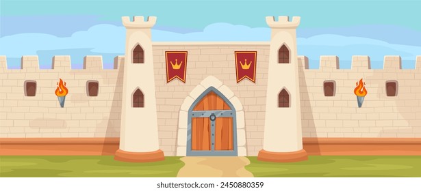 Medieval kingdom fortress gate. Majestic medieval castle with stone walls, royal stronghold cartoon vector background illustration of castle fortress kingdom, medieval palace