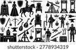 Medieval kingdom icons featuring knight, castle, king, queen, weapon, and torture device silhouettes for historical adventure and fantasy design projects