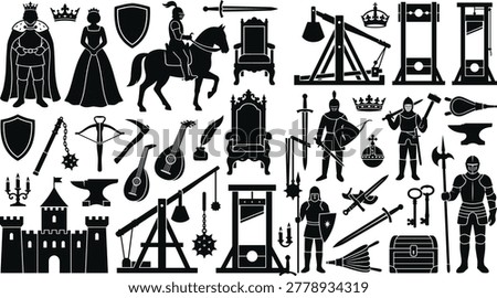 Medieval kingdom icons featuring knight, castle, king, queen, weapon, and torture device silhouettes for historical adventure and fantasy design projects