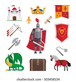 Medieval kingdom icons with knight and castle, dragon and crown isolated on white background. Vector illustration