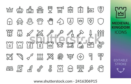 Medieval Kingdom isolated icons set. Set of king crown, castle, throne, medieval knight, tower, sword, shield, bow, arrow, crossbow, armor, weapons, siege weapon, banner, viking helmet vector icon