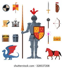 Medieval kingdom legendary armored knight warrior with lance and attributes flat icons set abstract isolated vector illustration