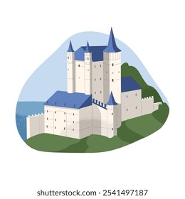 Medieval kingdom on mountain. Ancient castle, royal fort with big towers, stone walls. Fortress, historical chateau, building of old city. Flat isolated vector illustration on white background