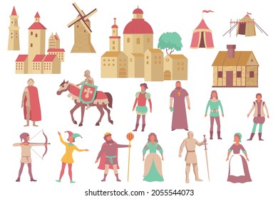 Medieval kingdom set with flat isolated icons of vintage town buildings and fairy tale human characters vector illustration