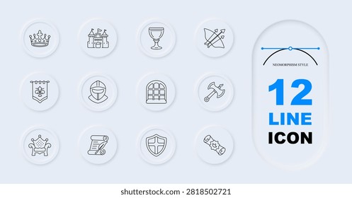 Medieval kingdom set icon. Neomorphism collection with royal crowns, fortified castles, armored knights, decorative banners, battle shields, ancient parchment graphics.