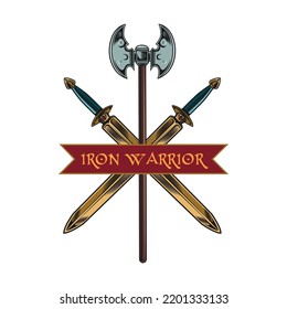 Medieval knight accessories. Axes illustration isolated on beige background. Military, fight, or sport team
