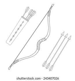 Medieval knight archer long bow with arrows and quiver. Contour lines clip art vector illustration isolated on white