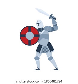 Medieval knight armed with sword and shield flat vector illustration isolated.