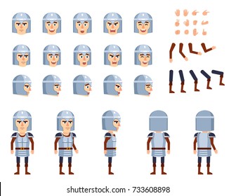 Medieval knight in armor creation set. Various gestures, emotions, diverse poses, views. Create your own pose, animation. Flat style vector illustration