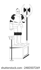 Medieval knight armor exhibit black and white 2D line cartoon object. Military armour at museum exhibition isolated vector outline item. Historical middle ages monochromatic flat spot illustration