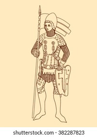 Medieval knight in armor on a beige background