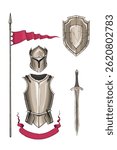 Medieval knight armor with red ribbon, sword and shield