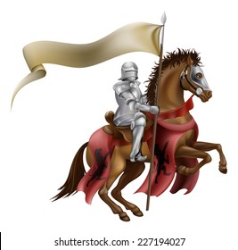 A medieval knight in armor riding on horseback on a brown horse holding a flag or banner