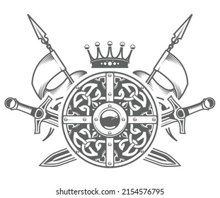 Medieval knight armor, round shield with decorative pattern, crown with crossed swords and pennants, medieval blazon and heraldic coat of arms, vector