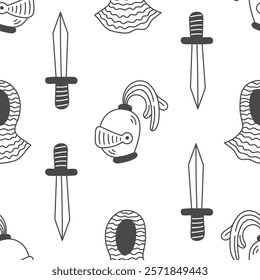 Medieval Knight Armor Seamless Pattern. Hand drawn black and white background with middle ages symbols and attributes. Repeat vector illustration 