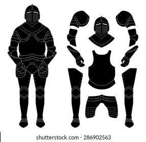 Medieval knight armor set. Helmet, shoulders, gloves, breastplate, leggings. Black vector illustration